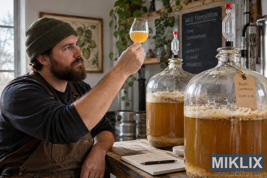 Bearded homebrewer examines a glass of hazy golden beer beside two amber-filled glass fermenters with airlocks and a Brett Lambicus tag. Bearded homebrewer examines a glass of hazy golden beer beside two amber-filled glass fermenters with airlocks and a Brett Lambicus tag.