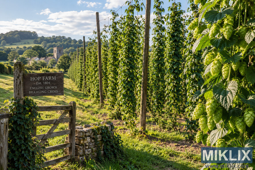 Wide landscape view of a traditional English hop farm with mature Bramling Cross hop cones, tall vines trained on wooden poles and wires, a rustic gate and stone wall, and a church village among rolling green hills in the distance.
