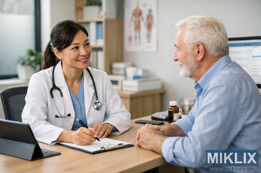 A female doctor in a white lab coat consults with an elderly male patient in a bright medical office, both engaged in attentive conversation across a wooden desk.