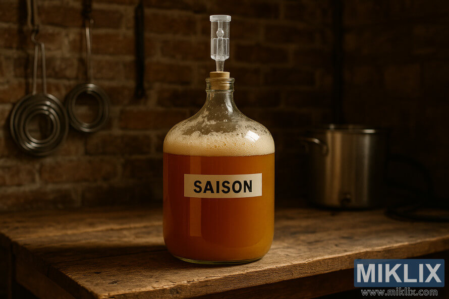 BÃ¬nh thá»§y tinh Äá»±ng bia Saison Äang lÃªn men trÃªn bÃ n lÃ m viá»c báº±ng gá» má»c máº¡c.