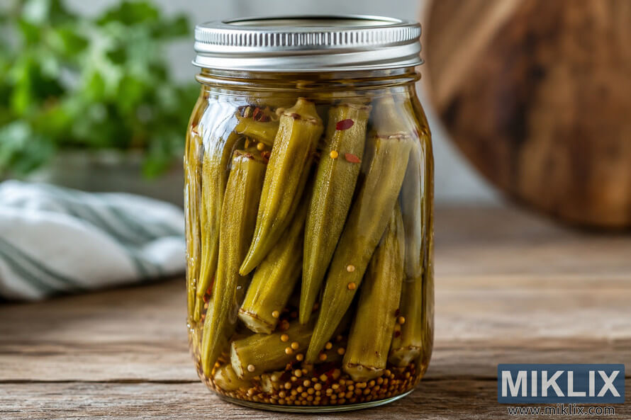 A clear glass mason jar filled with whole pickled okra in a transparent brine with mustard seeds and red pepper flakes sits on a rustic wooden table. The silver metal lid is plain and unbranded, while the softly blurred background includes green foliage, a wooden board, and a folded kitchen cloth illuminated by natural light. A clear glass mason jar filled with whole pickled okra in a transparent brine with mustard seeds and red pepper flakes sits on a rustic wooden table. The silver metal lid is plain and unbranded, while the softly blurred background includes green foliage, a wooden board, and a folded kitchen cloth illuminated by natural light.