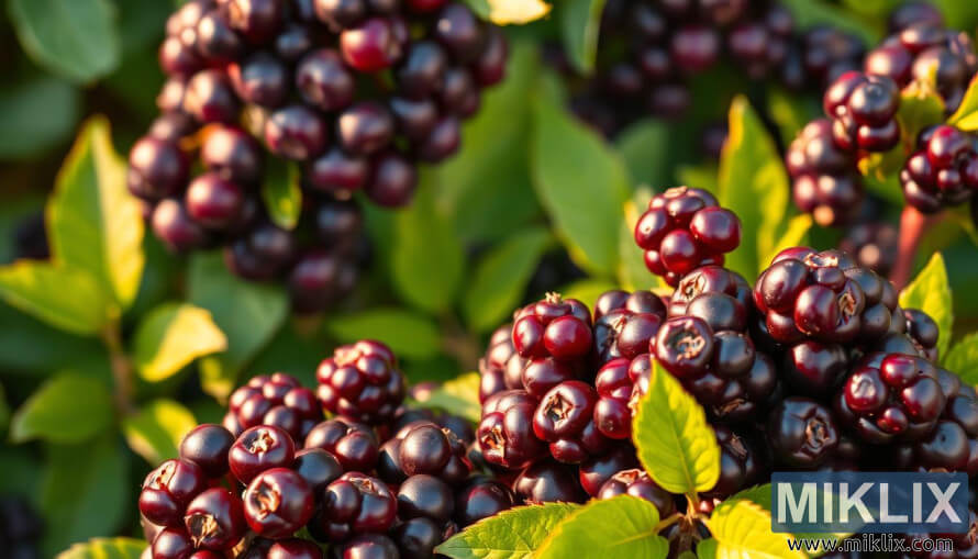 LÃ¤hikuva eloisista aroniamarjoista ja rehevÃ¤n vihreistÃ¤ lehdistÃ¤ pehmeÃ¤ssÃ¤ kultaisessa valossa.