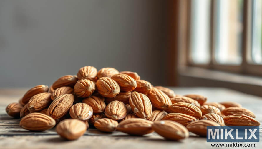 Primer plano de almendras maduras sobre una superficie de madera rÃºstica bajo una suave luz natural.