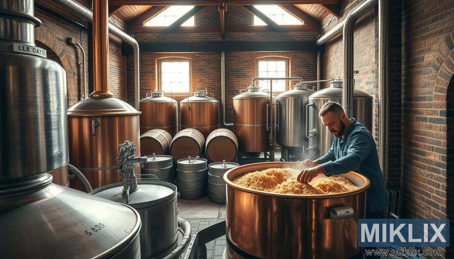 Pinaghahalo ng brewer ang Munich malt sa copper kettle sa loob ng tradisyonal na German brewhouse na may mga barrel at tank.