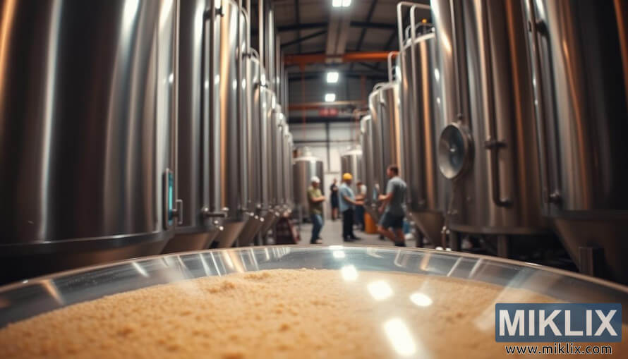 Kommersielt bryggeri med rustfrie ståltanker og synlig S-04 gjærsediment i forgrunnen. Kommersielt bryggeri med rustfrie ståltanker og synlig S-04 gjærsediment i forgrunnen.