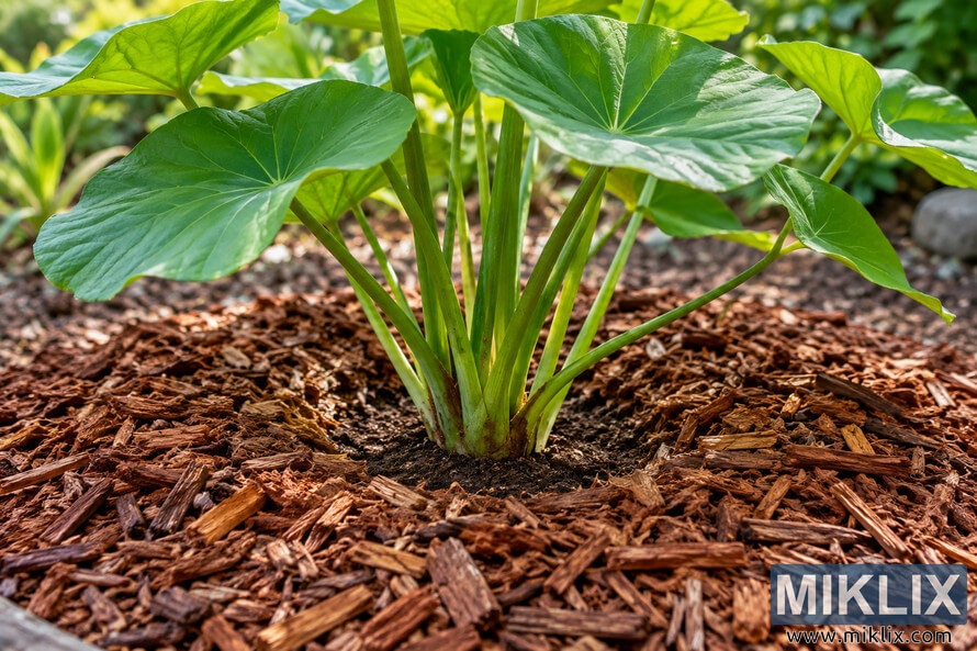 Close-up of a green leafy garden plant surrounded by brown wood-chip mulch, with a clear ring of exposed soil keeping mulch away from the stems. Close-up of a green leafy garden plant surrounded by brown wood-chip mulch, with a clear ring of exposed soil keeping mulch away from the stems.
