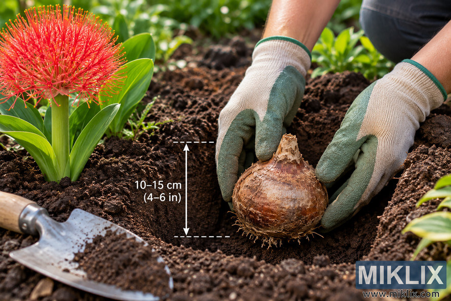Gloved hands place a brown Blood Lily bulb in soil beside a depth guide showing 10â15 cm (4â6 in), with a red flower and garden trowel nearby. Gloved hands place a brown Blood Lily bulb in soil beside a depth guide showing 10â15 cm (4â6 in), with a red flower and garden trowel nearby.