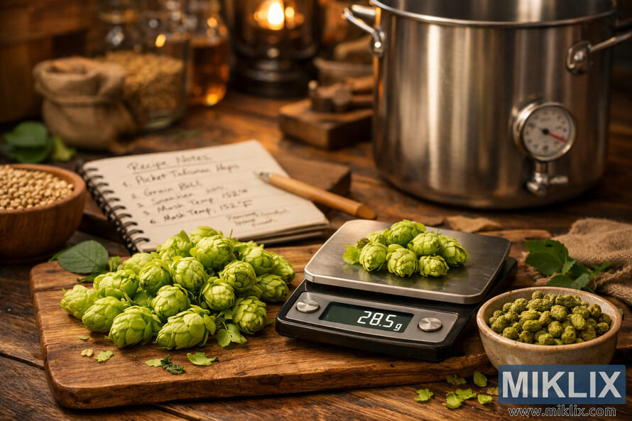 Rustic flat lay of home brewing ingredients featuring fresh Pocket Talisman hops on a wooden cutting board next to a digital scale and a small bowl of dried hop pellets. Rustic flat lay of home brewing ingredients featuring fresh Pocket Talisman hops on a wooden cutting board next to a digital scale and a small bowl of dried hop pellets.