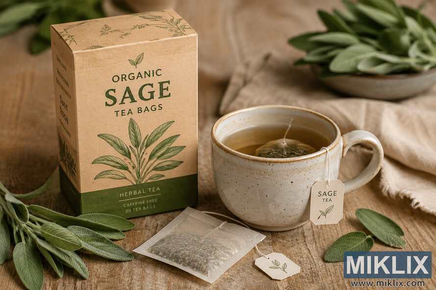 Organic sage tea bags displayed beside a ceramic cup of brewed sage tea on a rustic wooden table with fresh sage leaves and natural earthy styling. Organic sage tea bags displayed beside a ceramic cup of brewed sage tea on a rustic wooden table with fresh sage leaves and natural earthy styling.