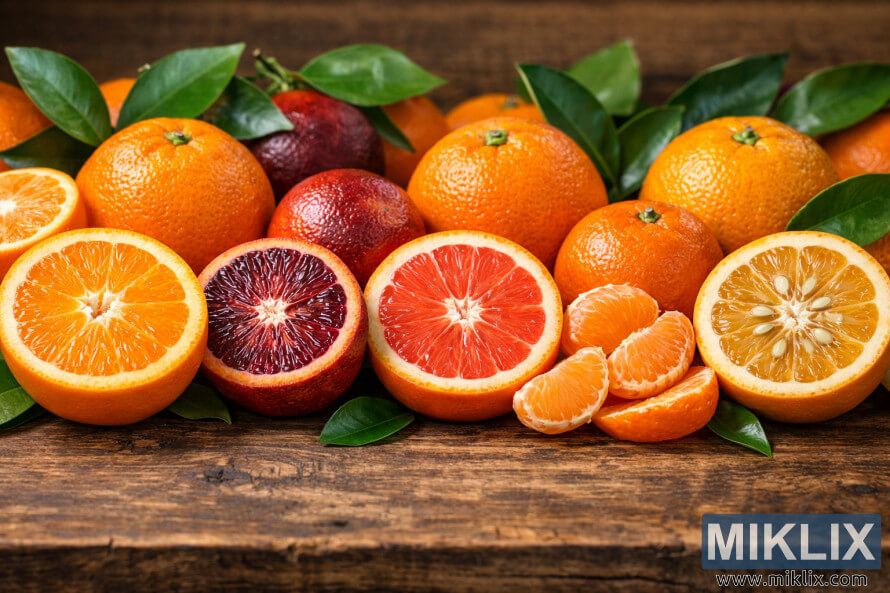 Different varieties of oranges displayed side by side on a wooden surface, including navel, blood, Cara Cara, tangerine, and pale-fleshed oranges, shown whole and sliced to reveal their interiors.