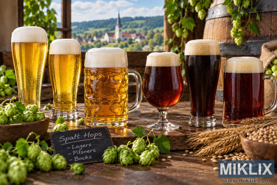 Landscape photograph of six unbranded beers ranging from pale golden lagers and pilsners to dark reddish-brown bocks, arranged on a rustic wooden table with fresh Spalt hops, barley, grain, a wooden barrel, and a softly blurred European countryside village in the background. Landscape photograph of six unbranded beers ranging from pale golden lagers and pilsners to dark reddish-brown bocks, arranged on a rustic wooden table with fresh Spalt hops, barley, grain, a wooden barrel, and a softly blurred European countryside village in the background.
