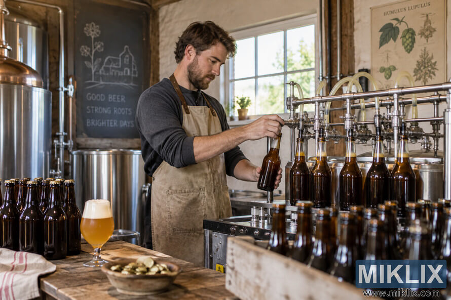 Brewer in a tan apron filling amber beer bottles on stainless-steel equipment inside a rustic, sunlit farmhouse brewery. Brewer in a tan apron filling amber beer bottles on stainless-steel equipment inside a rustic, sunlit farmhouse brewery.