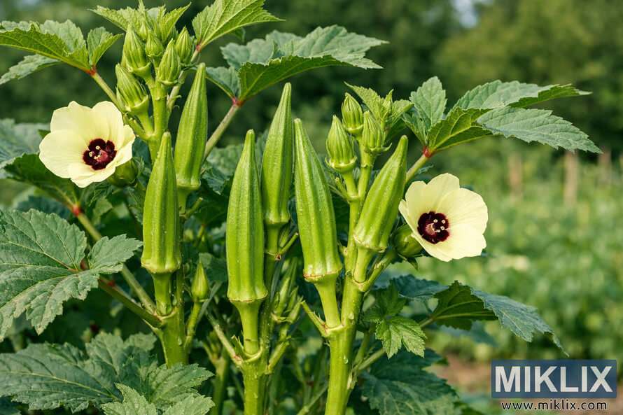 Close-up of Annie Oakley II okra plants with green pods and pale yellow flowers with dark red centers growing in a garden.