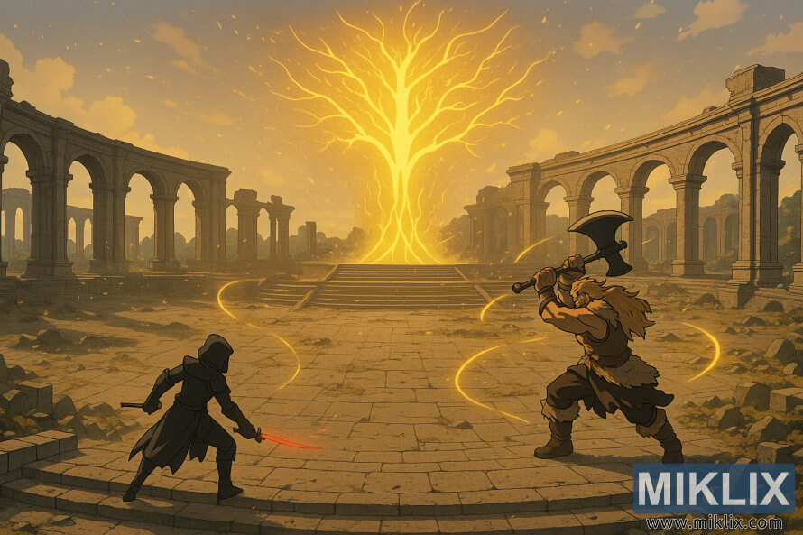 Weite AuÃenansicht im Anime-Stil der Ruinen von Elden Throne, auf der Godfrey mit zwei Händen seine Axt schwingt und einem Krieger des Schwarzen Messers gegenübersteht, im Hintergrund ein leuchtender Erdbaum. Weite AuÃenansicht im Anime-Stil der Ruinen von Elden Throne, auf der Godfrey mit zwei Händen seine Axt schwingt und einem Krieger des Schwarzen Messers gegenübersteht, im Hintergrund ein leuchtender Erdbaum.