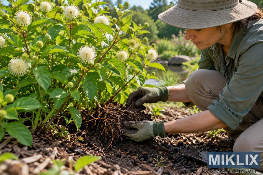 Gardener kneeling beside a flowering buttonbush, examining moist soil and exposed fine roots with gloved hands in a sunny garden. Gardener kneeling beside a flowering buttonbush, examining moist soil and exposed fine roots with gloved hands in a sunny garden.