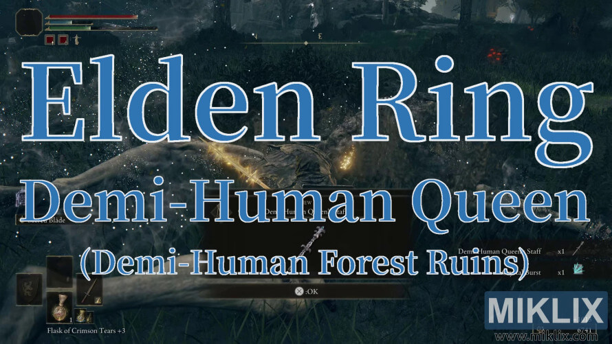 Elden Ring screenshot showing victory over the Demi-Human Queen at the Demi-Human Forest Ruins. Elden Ring screenshot showing victory over the Demi-Human Queen at the Demi-Human Forest Ruins.