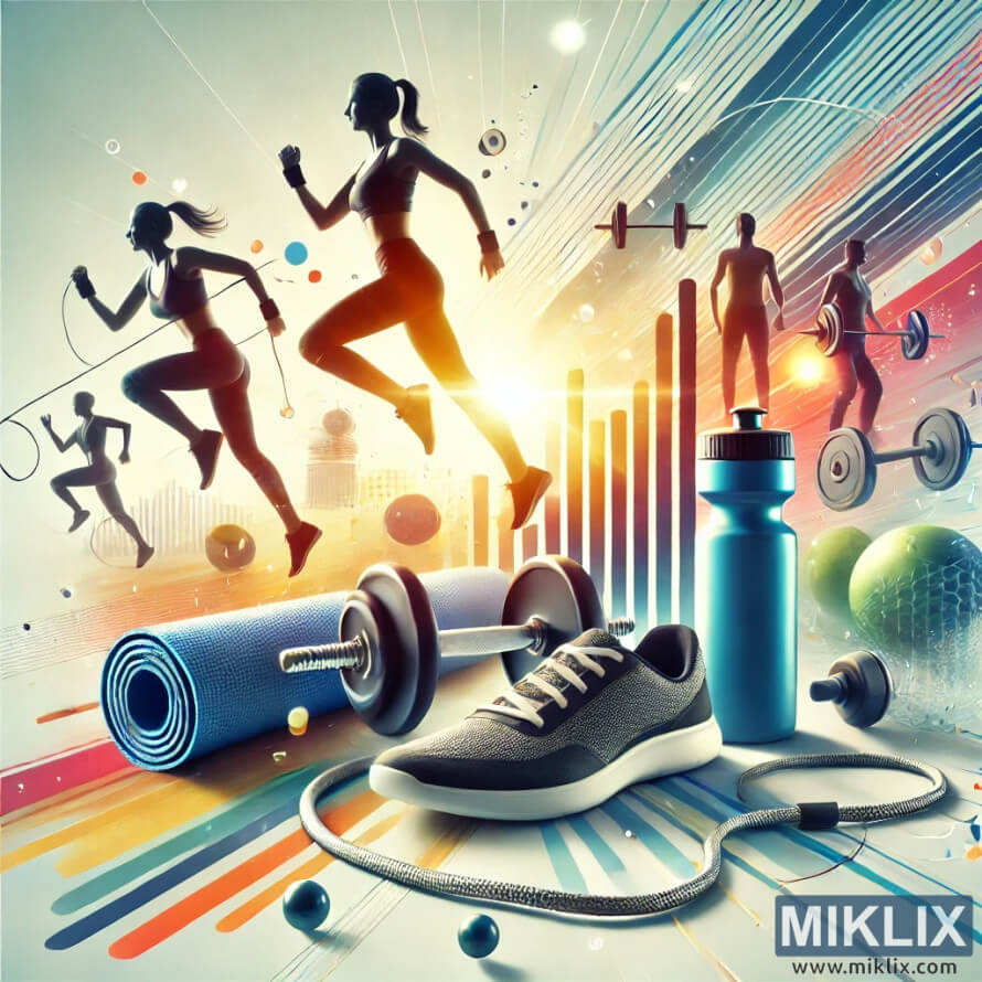 Energetic fitness scene with runners, weights, and exercise gear.