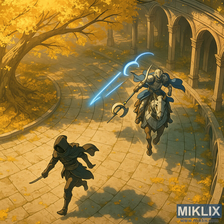 Anime-style overhead scene showing Loretta, Knight of the Haligtree, on horseback chasing a Black Knife assassin through a golden courtyard beneath the Haligtree.