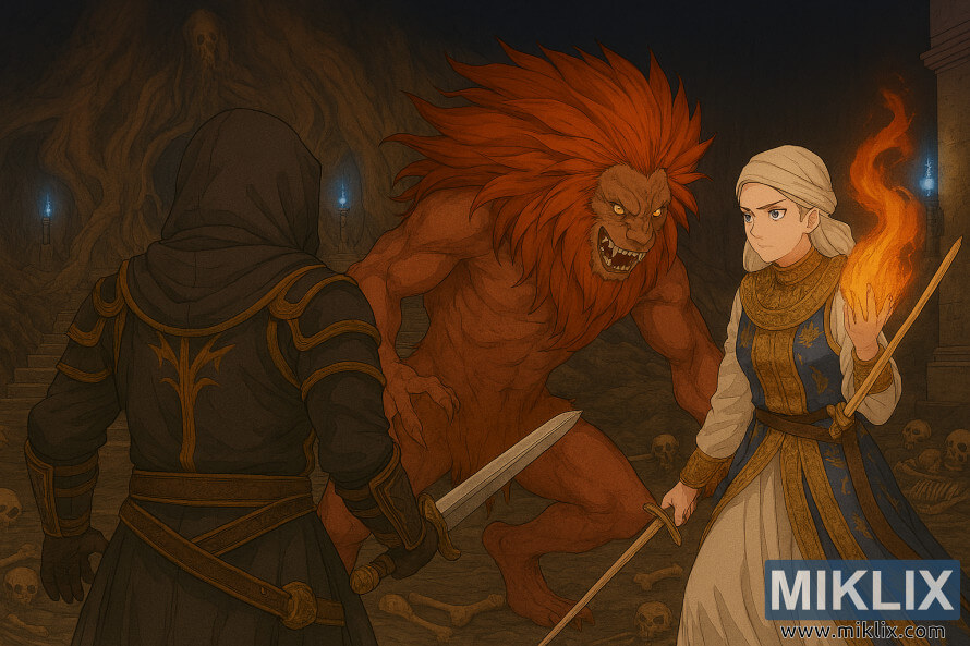 Arte de fan de estilo anime de la armadura Tarnished in Black Knife enfrentÃ¡ndose a la Perfumista Tricia y al Guerrero Ilegible en una mazmorra de fantasÃ­a oscura.