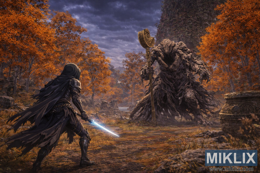 Fan art of Black Knife armor warrior facing Erdtree Avatar in autumn forest of Liurnia
