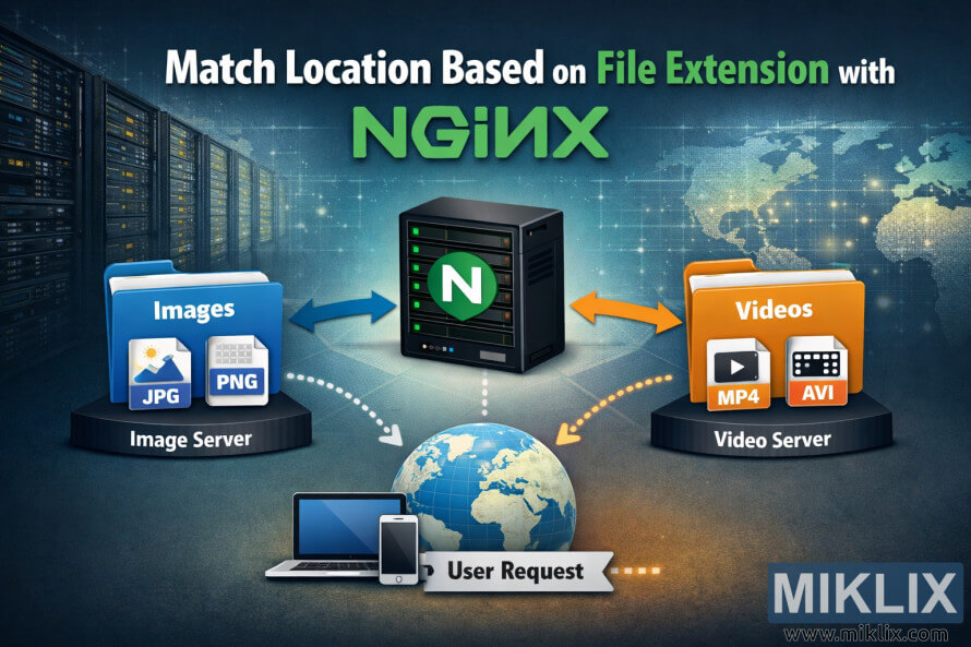 ફાઇલ એક્સટેન્શનના આધારે NGINX સર્વર ઇમેજ ફાઇલોને ઇમેજ સર્વર પર અને વિડિઓ ફાઇલોને વિડિઓ સર્વર પર રૂટ કરે છે તે દર્શાવતું ઇન્ફોગ્રાફિક.
