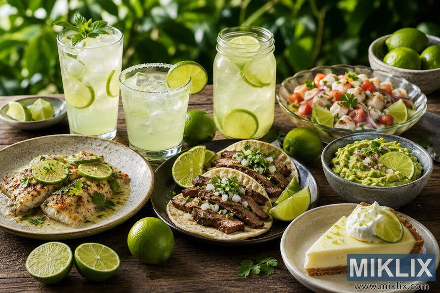 Landscape photograph of assorted lime-inspired foods and chilled beverages arranged on a rustic wooden table outdoors, including fresh limes, iced citrus drinks, grilled fish, tacos, seafood salad, guacamole, and a creamy lime dessert surrounded by vibrant greenery.