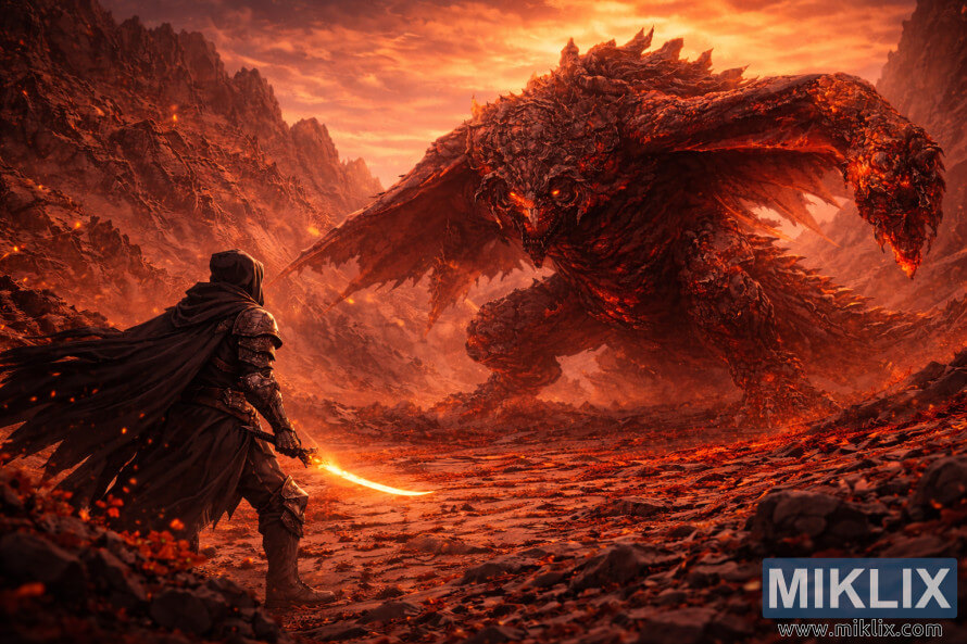 Lai anime-stiilis stseen vasakul pool tagantvaates Tuhmunud Musta Nuga Soomusrüüst, vastamisi kolossaalse Bayle Ãuduse ja tulises vulkaanilises orus päikeseloojangul. Lai anime-stiilis stseen vasakul pool tagantvaates Tuhmunud Musta Nuga Soomusrüüst, vastamisi kolossaalse Bayle Ãuduse ja tulises vulkaanilises orus päikeseloojangul.