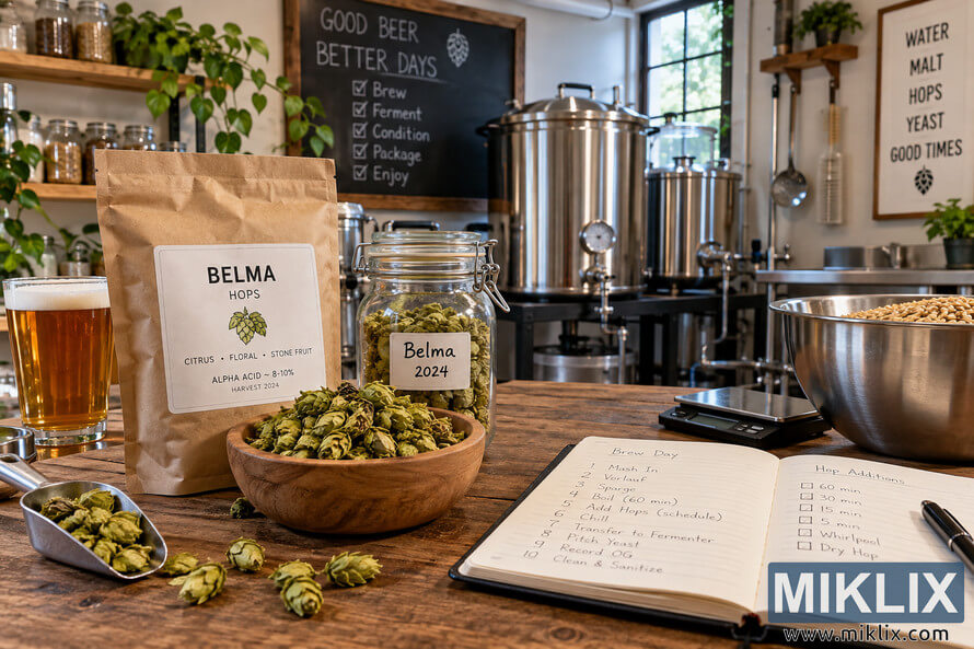 Organized homebrewing workspace with Belma hops in a kraft bag, glass jar and wooden bowl, loose hop cones, amber beer, grain, a digital scale, an open brew-day notebook, and stainless-steel brewing kettles in a bright rustic workshop. Organized homebrewing workspace with Belma hops in a kraft bag, glass jar and wooden bowl, loose hop cones, amber beer, grain, a digital scale, an open brew-day notebook, and stainless-steel brewing kettles in a bright rustic workshop.