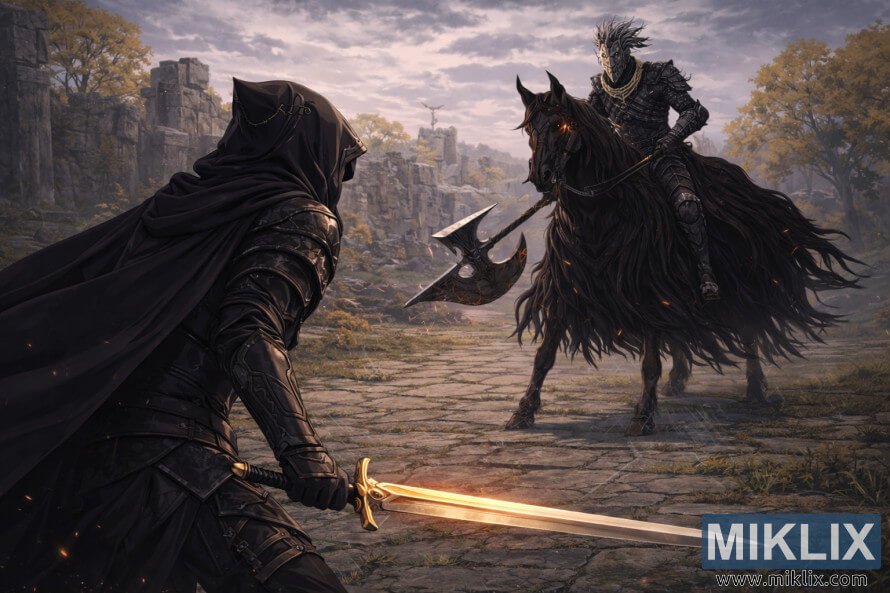 Anime-fantasi-maleri av en hettekledd pansret kriger med et glÃ¸dende gyllent sverd sett bakfra, ansiktet mot en enorm montert mÃ¸rk ridder pÃ¥ Ã¸delagte sletter fÃ¸r kamp.