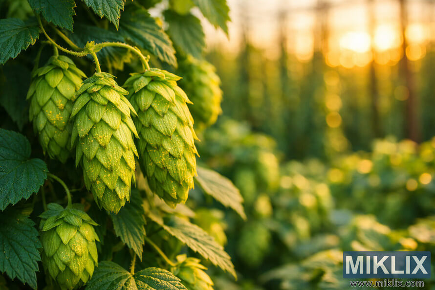 Close-up of vibrant green Pacifica hop cones with visible yellow lupulin glands, surrounded by leaves and vines at golden hour with soft bokeh hop fields in the background.