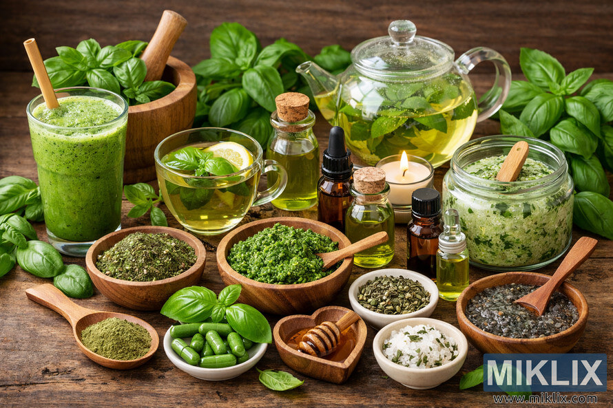 A landscape photo showing various basil-based wellness preparations including smoothies, teas, oils, pesto, capsules, and bath salts arranged on a rustic wooden table with fresh basil leaves scattered throughout.