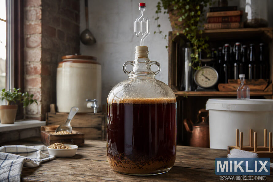 A glass carboy filled with dark amber West Yorkshire ale ferments on a rustic wooden table inside a traditional British-style homebrewing room, surrounded by brewing tools, ceramic containers, grains, bottles, and warm natural window light. A glass carboy filled with dark amber West Yorkshire ale ferments on a rustic wooden table inside a traditional British-style homebrewing room, surrounded by brewing tools, ceramic containers, grains, bottles, and warm natural window light.