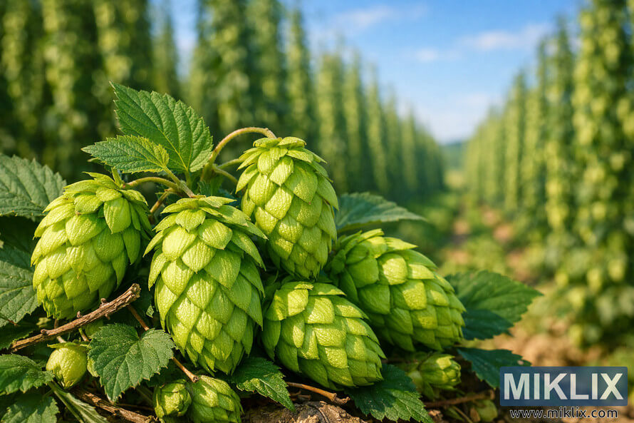 Close-up of vibrant green Hüller Bitterer hop cones with leaves and twigs in the foreground, set against a softly blurred hop farm under a bright blue sky. Close-up of vibrant green Hüller Bitterer hop cones with leaves and twigs in the foreground, set against a softly blurred hop farm under a bright blue sky.