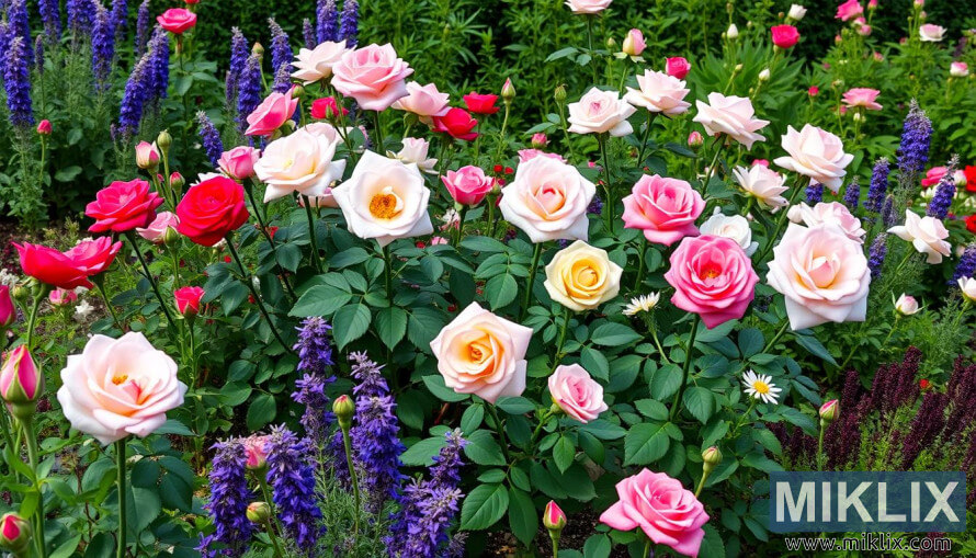 Jardin colorÃ© avec des roses, des fleurs violettes, des marguerites et un feuillage vert luxuriant.