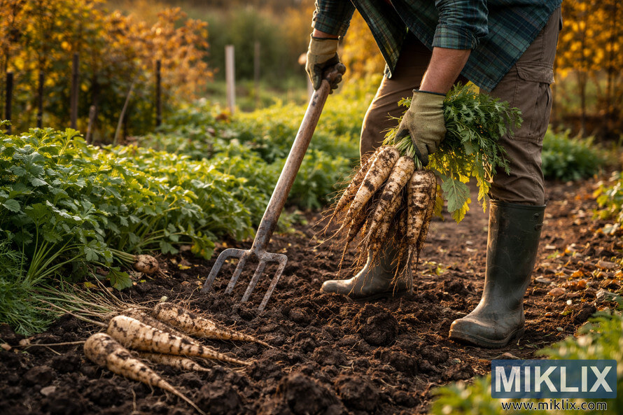 Gardener harvesting freshly dug parsnips with a garden fork in a sunlit autumn vegetable garden beside a basket of roots.