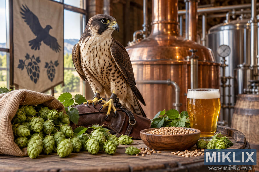 Realistic falcon perched on a brown leather falconry glove beside fresh green hop cones, malted barley and a glass of golden beer, with copper kettles, stainless-steel tanks and brewing pipes in a warmly lit brewery. Realistic falcon perched on a brown leather falconry glove beside fresh green hop cones, malted barley and a glass of golden beer, with copper kettles, stainless-steel tanks and brewing pipes in a warmly lit brewery.