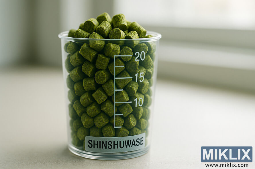 Gros plan sur une coupelle doseuse graduÃ©e remplie de granulÃ©s de houblon Shinshuwase, Ã©clairÃ©e par la lumiÃ¨re naturelle.