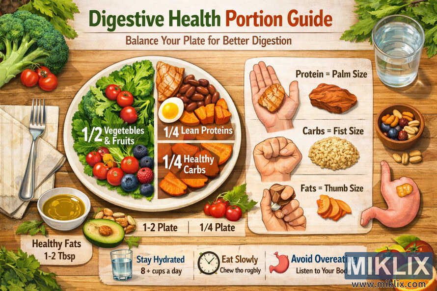 Educational digestive health infographic showing a divided plate with recommended portion sizes for vegetables and fruits, lean proteins, healthy carbohydrates, healthy fats, and high-fiber snacks, alongside visual hand-size guides and tips for hydration, mindful eating, and avoiding overeating. Educational digestive health infographic showing a divided plate with recommended portion sizes for vegetables and fruits, lean proteins, healthy carbohydrates, healthy fats, and high-fiber snacks, alongside visual hand-size guides and tips for hydration, mindful eating, and avoiding overeating.