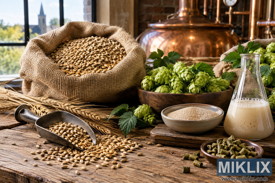 Rustic brewery still life with malted grain, green hops, hop pellets and yeast preparation on a wooden table beside copper brewing equipment. Rustic brewery still life with malted grain, green hops, hop pellets and yeast preparation on a wooden table beside copper brewing equipment.