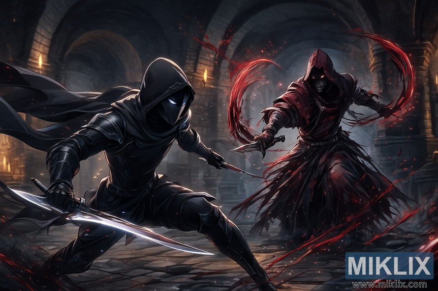 Anime stiliaus scena, kurioje apsirengÄs juodais peilio Å¡arvais vilkintis vyras kovoja su kraujo Å¾yniu Esgaru Leyndello katakombose.