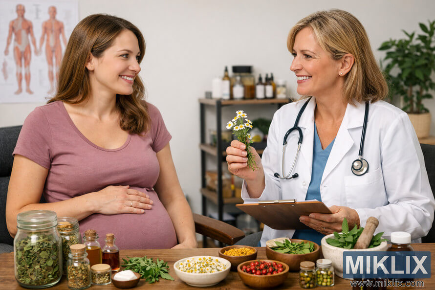 A healthcare provider in a white lab coat discusses herbal remedies with a pregnant woman seated in a medical office, surrounded by jars of herbs and natural medicines. A healthcare provider in a white lab coat discusses herbal remedies with a pregnant woman seated in a medical office, surrounded by jars of herbs and natural medicines.