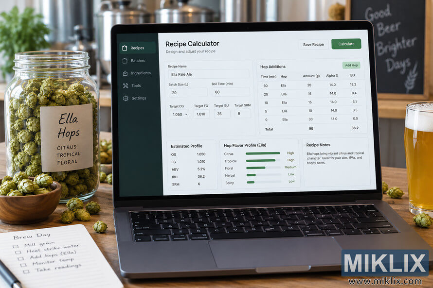 Landscape photo of an unbranded laptop displaying brewing recipe software for an Ella hop pale ale, surrounded by dried hop cones, a brew-day notebook, brewing vessels, and a glass of golden beer.