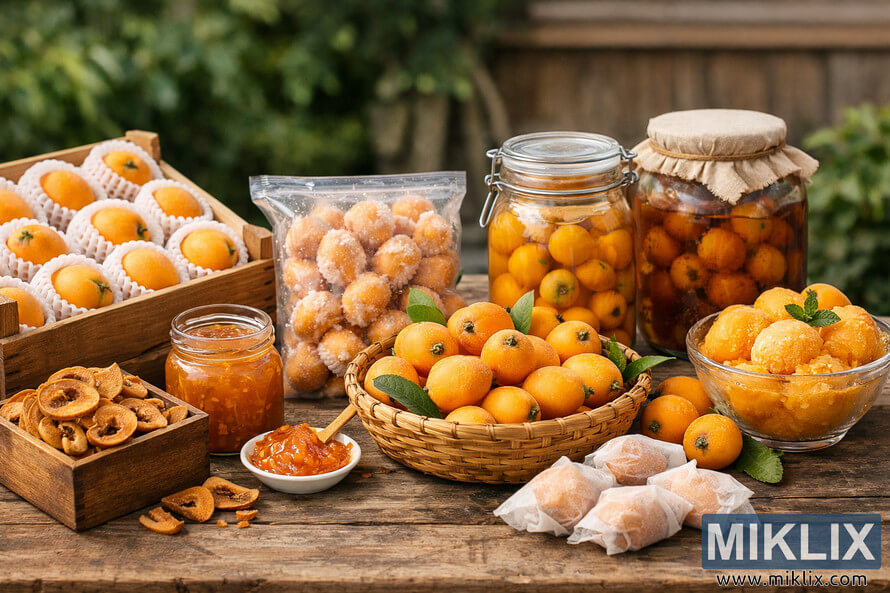 A detailed photograph showing various loquat storage methods including fresh, dried, frozen, preserved, and syruped loquats arranged on a rustic wooden table outdoors. A detailed photograph showing various loquat storage methods including fresh, dried, frozen, preserved, and syruped loquats arranged on a rustic wooden table outdoors.