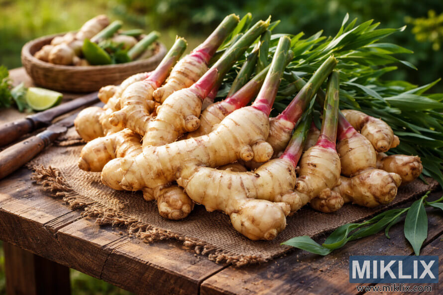 Verse gemberwortels met groene stengels, uitgestald op een rustieke houten tafel buiten in het natuurlijke zonlicht. Verse gemberwortels met groene stengels, uitgestald op een rustieke houten tafel buiten in het natuurlijke zonlicht.