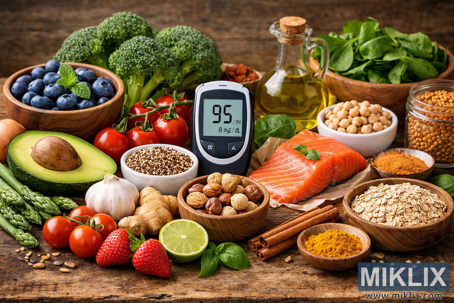 A landscape photo showing a blood glucose monitor surrounded by natural foods like blueberries, avocado, salmon, nuts, and vegetables on a rustic wooden table. A landscape photo showing a blood glucose monitor surrounded by natural foods like blueberries, avocado, salmon, nuts, and vegetables on a rustic wooden table.