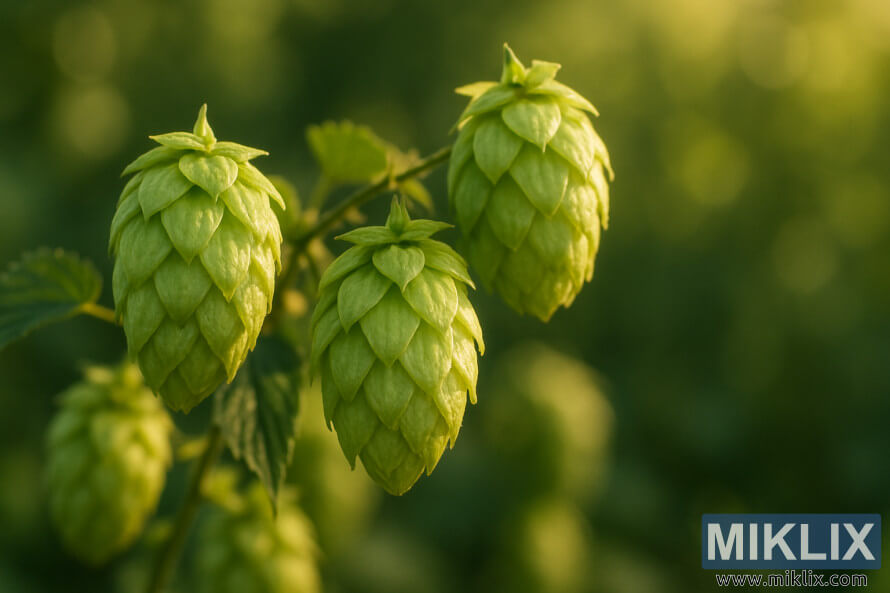 Krupni plan sveÅ¾ih zelenih Serebrianka hmeljnih korneta koji sijaju zlatnom suncu na blago zamagljenoj pozadini.
