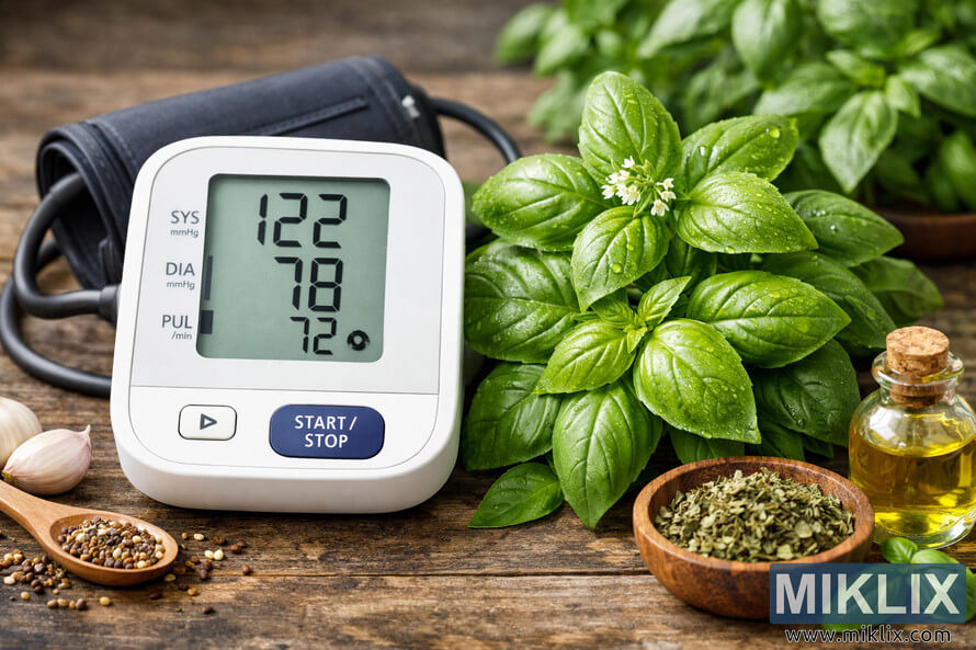 Digital blood pressure monitor beside fresh basil leaves, dried herbs, and basil oil on a wooden surface symbolizing natural support for hypertension.