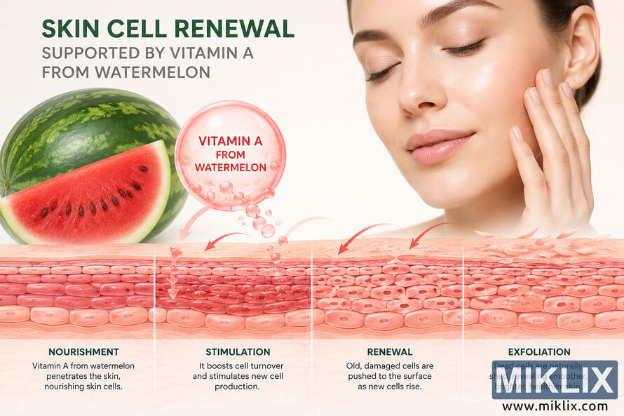 Landscape infographic illustrating the conceptual skin cell renewal process supported by vitamin A from watermelon. A whole watermelon and sliced watermelon appear beside a circular vitamin A graphic releasing droplets toward layered skin diagrams showing nourishment, stimulation, renewal, and exfoliation. A close-up portrait of a person with smooth, glowing skin appears on the right against a bright, clean background. Educational arrows and captions explain each stage. No visible brands or logos are included. Landscape infographic illustrating the conceptual skin cell renewal process supported by vitamin A from watermelon. A whole watermelon and sliced watermelon appear beside a circular vitamin A graphic releasing droplets toward layered skin diagrams showing nourishment, stimulation, renewal, and exfoliation. A close-up portrait of a person with smooth, glowing skin appears on the right against a bright, clean background. Educational arrows and captions explain each stage. No visible brands or logos are included.