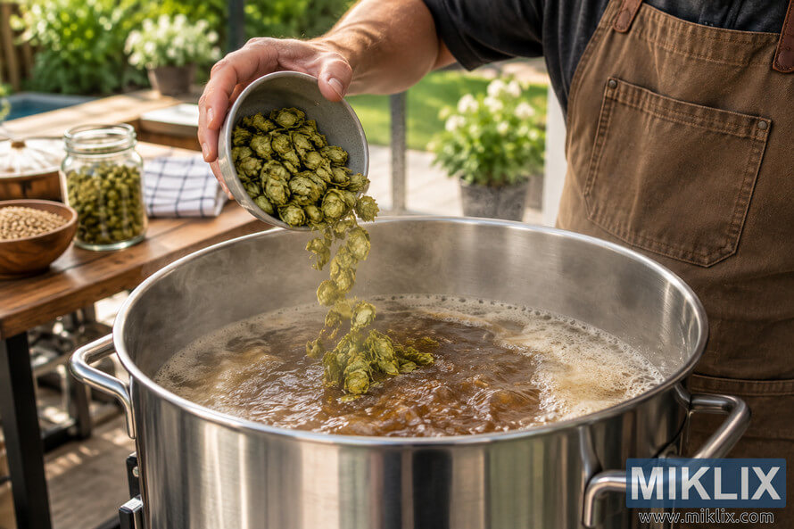 Homebrewer in a brown canvas apron pouring green hops from a ceramic bowl into a large stainless-steel kettle of boiling amber wort outdoors, with brewing ingredients on a wooden table and a sunlit garden in the background.