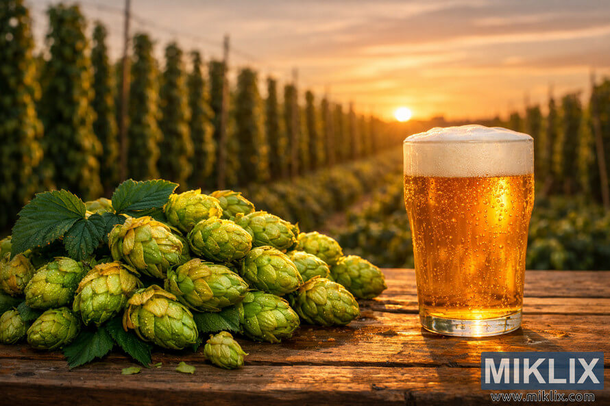 Fresh Pacifica hop cones on a rustic wooden table beside a glass of golden pale ale, with a sunlit hop field at sunset in the background.